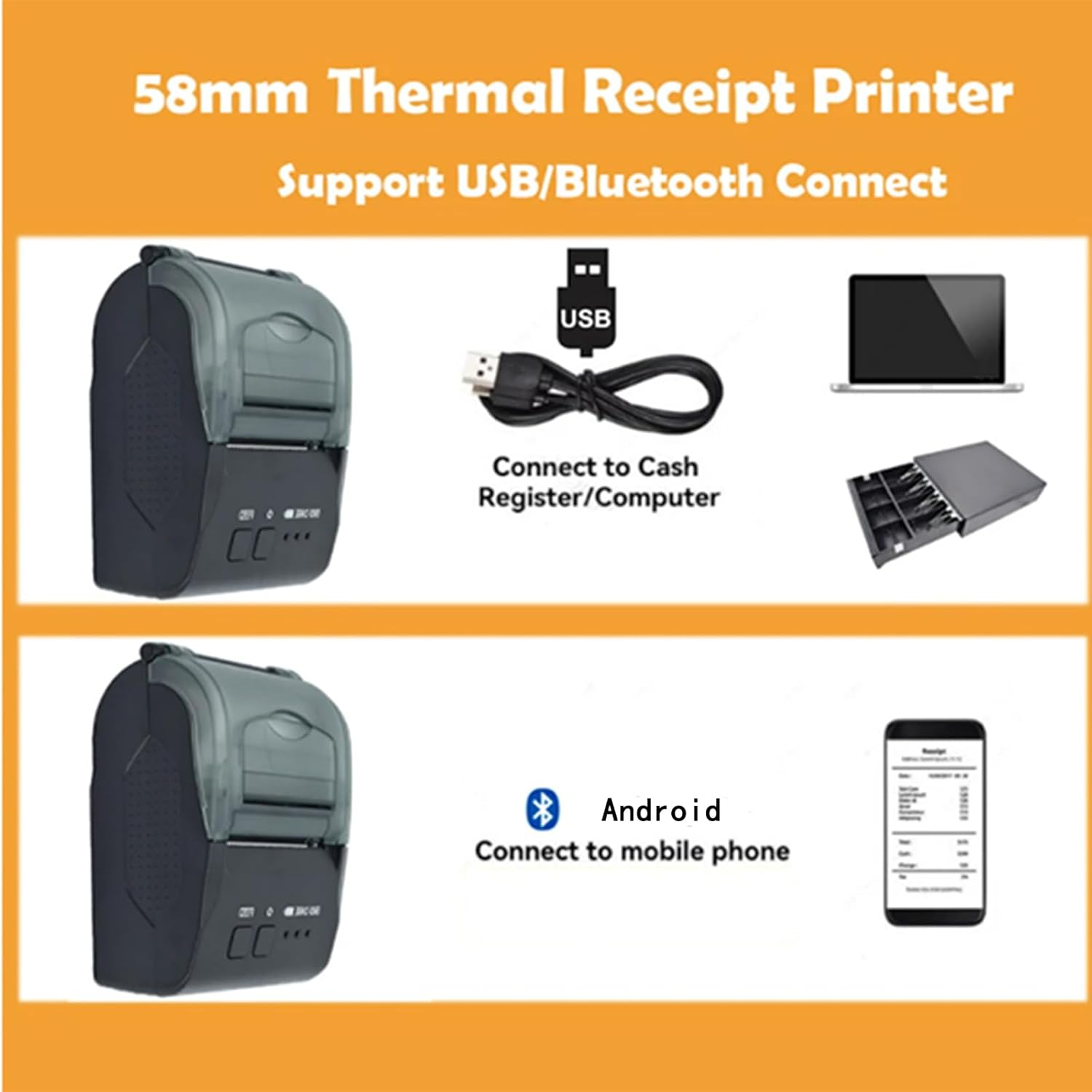 NOT FOR ios /ipad/MAC,Fit android/windows,Bluetooth Receipt Printer,wireless pocket 58mm Mini Thermal POS Printer Portable Bill ticket Printer 2 inches for Restaurant Sales Retail small business - Image 2