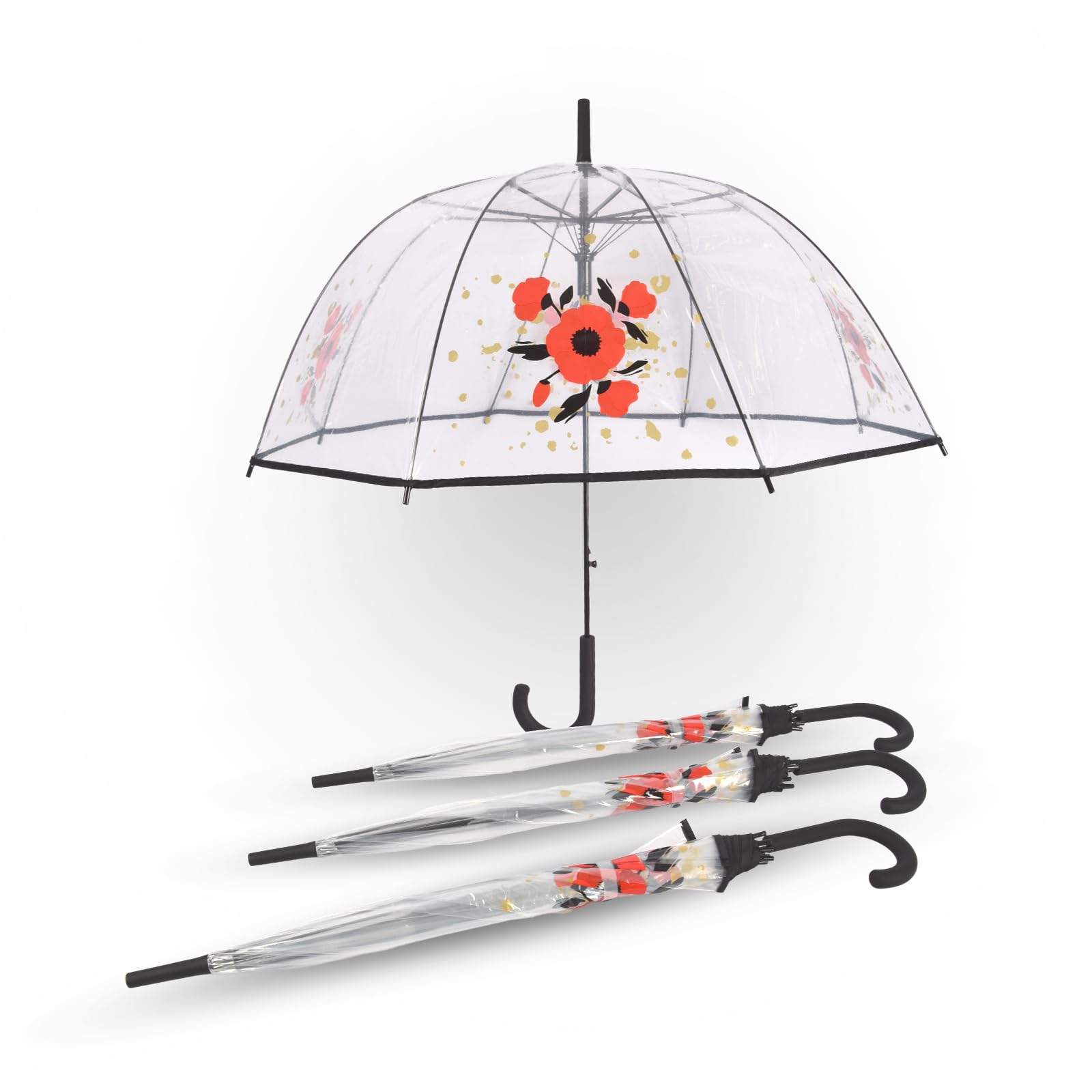 Parapluie Dôme à Motif Floral, Lot de 4, Parapluie Pluie Transparent, 86cm de Diamètre, 8 Côtes, Unisexe, Ouverture Automatique, Transparent, 84X86cm