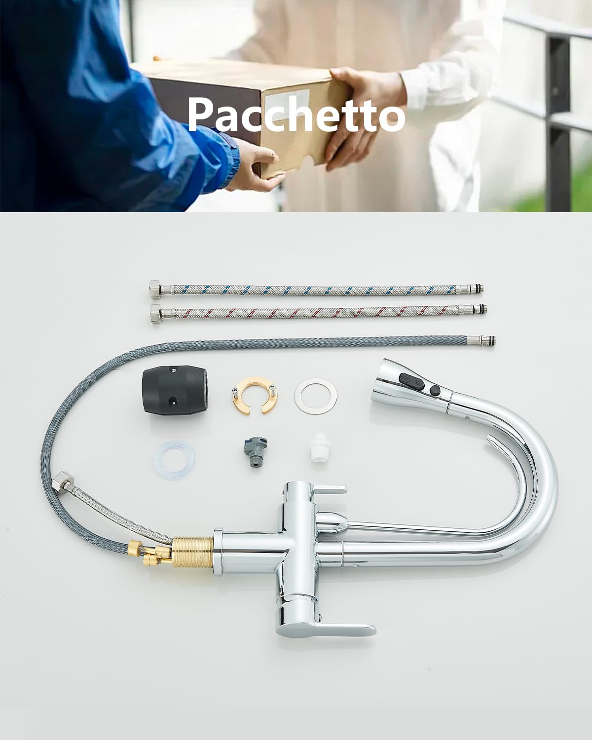 JUNSHENG - Grifo de cocina de 3 vías con filtro para el agua, grifo de cocina con ducha extraíble, giratorio 360°, 3 en 1, grifo, cromado