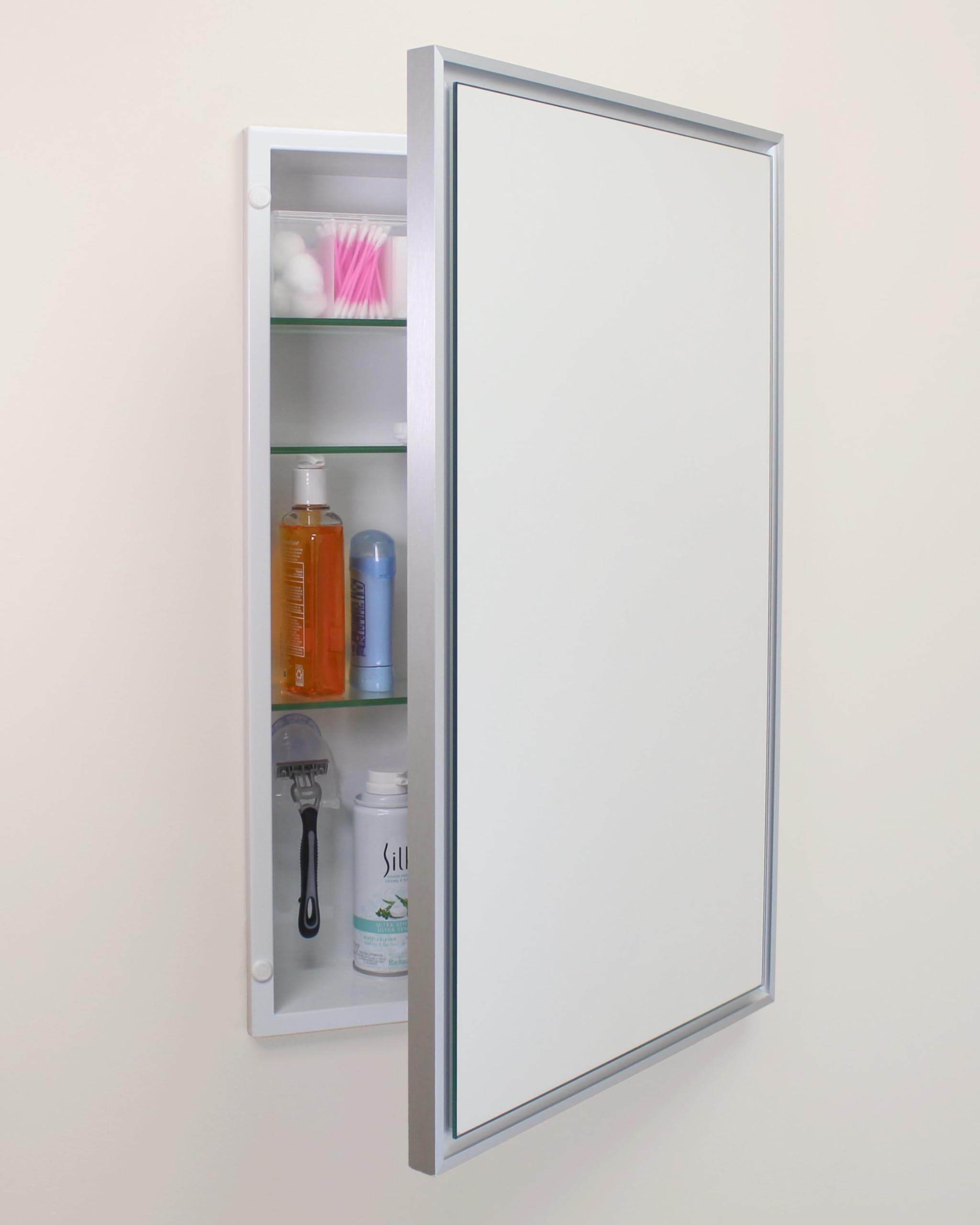 16x26 Parker Metro Metal Framed Rectangle Recessed Bathroom Medicine Cabinet, Floating Mirror, 14x24 in-Wall Opening, Powder-coated Steel, Adjustable