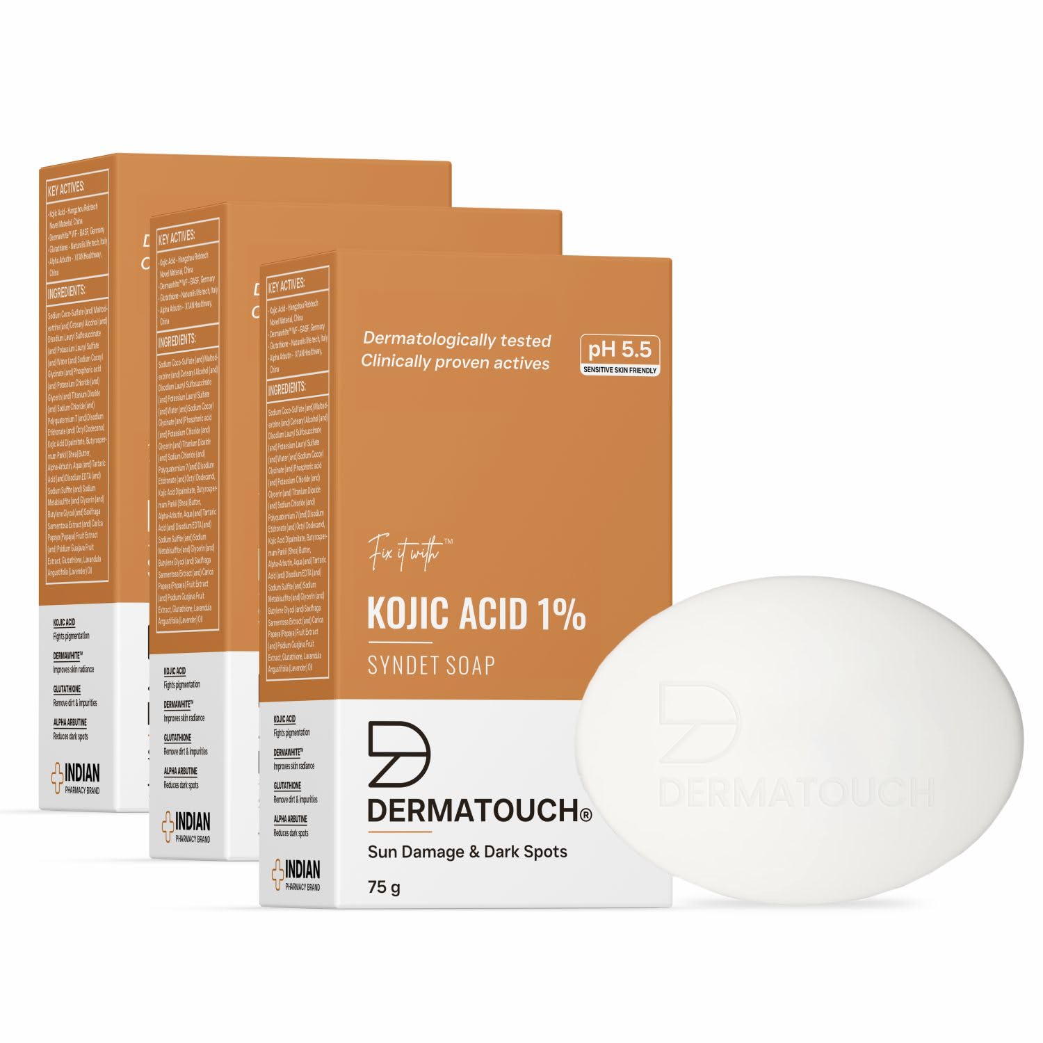 DERMATOUCH Kojic Acid 1% Soap with Glutathione | For Pigmentation & Sun damage | Soap for Men & Women | Suitable for All Skin Types | 75g x 3