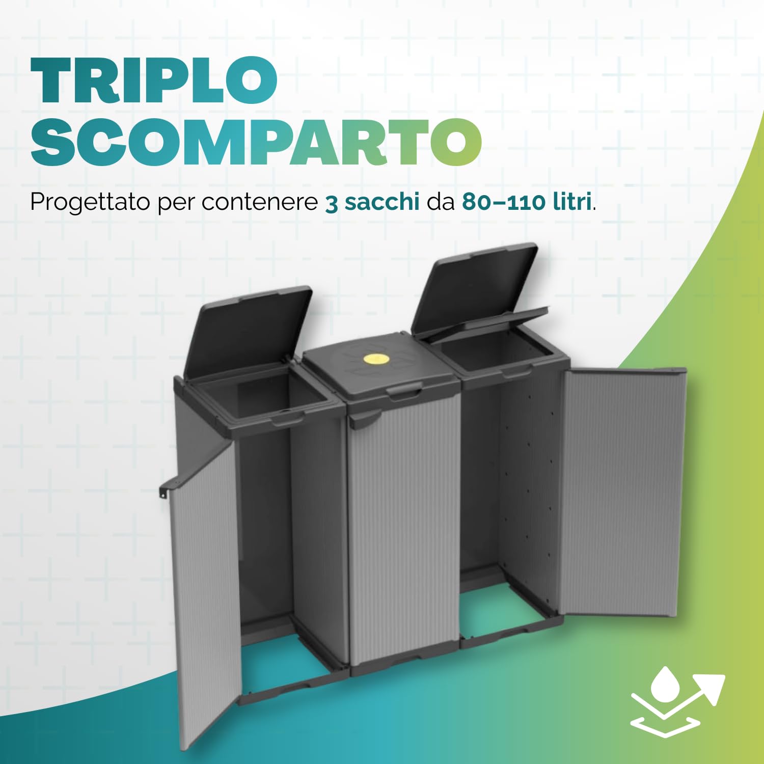 PALUPLUS Mobile Pattumiera a 3 Scomparti in Resina, misura 102x38x87 cm per sacchi da 80-110 Lt, Coperchi Ferma Sacchetto, Secchio a 3 Ante per Raccolta Differenziata, Made in Italy -MONG3967F -9,8