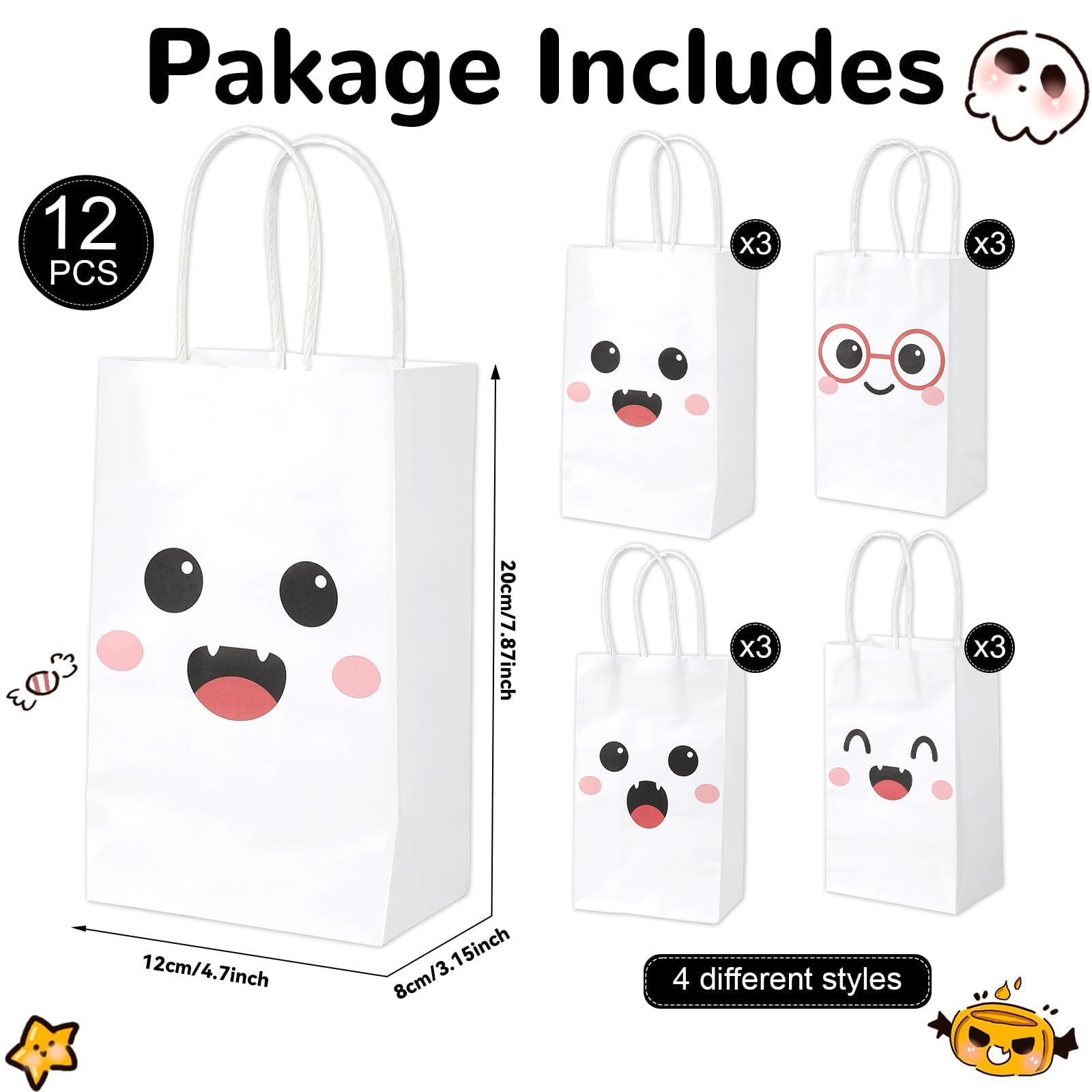 12 PCS Halloween Ghost Treat Bags With Handles - Cute Party Favor Gift Bags
