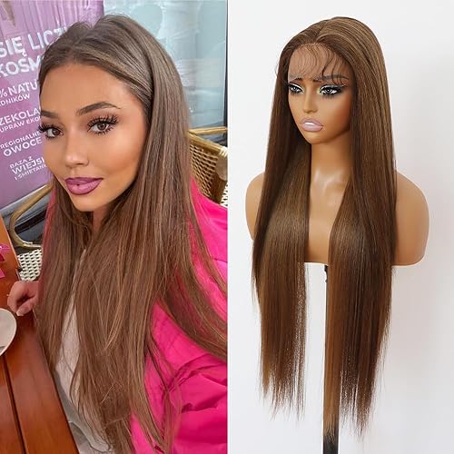 Pelucas de encaje frontal sintético lacio marrón, sin pegamento, línea de cabello natural, con reflejos marrones, pelucas de encaje sintético marrón disponible en Yaxa Peru