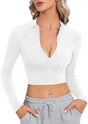 CLOZOZ Long Sleeve Crop Tops for Women Mock Turtleneck Zip Up Sexy Fitted Cropped Shirts Trendy