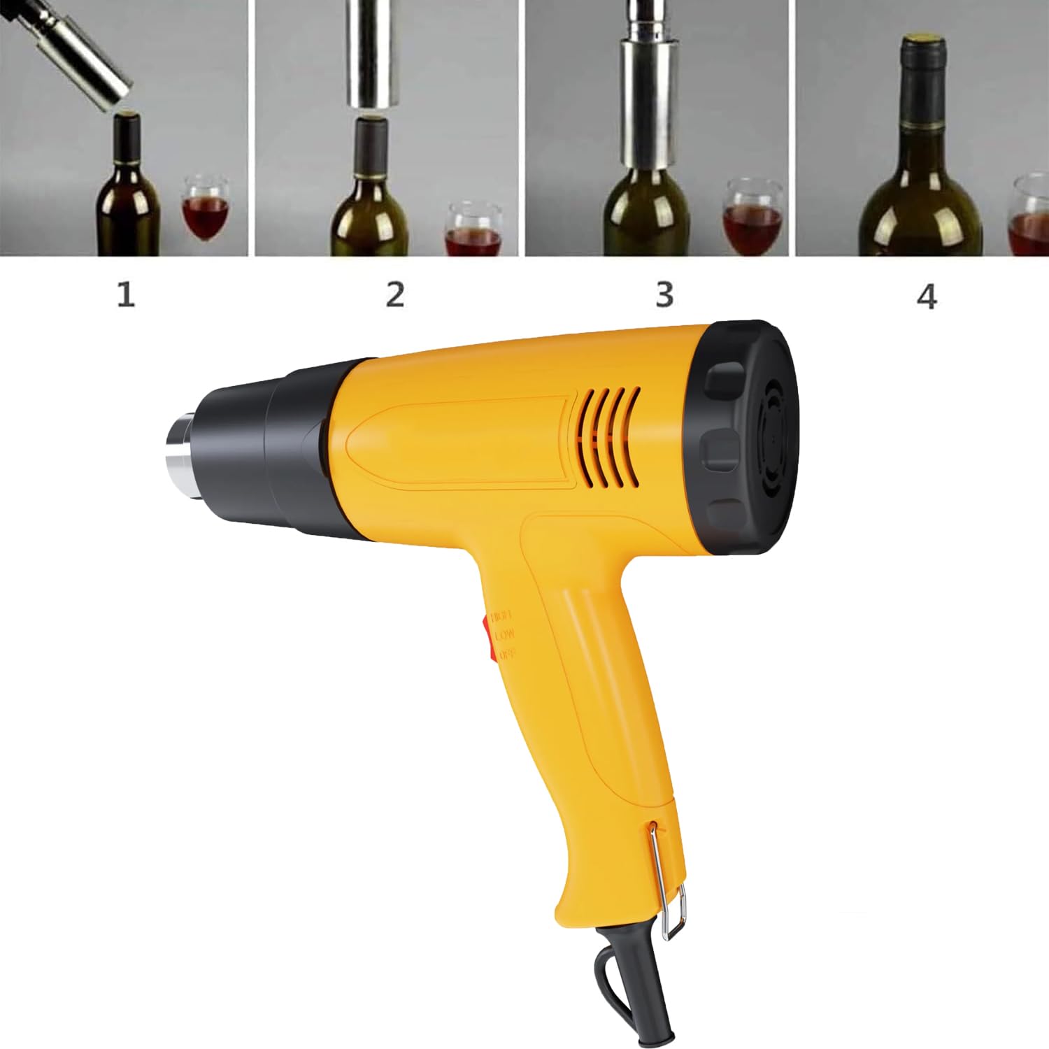 Selladora De Cápsulas De Vino, Pistola Termoretráctil Manual 2000W Con Mango Antideslizante, Segunda Velocidad Ajustable Y Flujo De Aire 250-500L/MIN, Calentamiento Rápido, Para Cápsulas De PVC