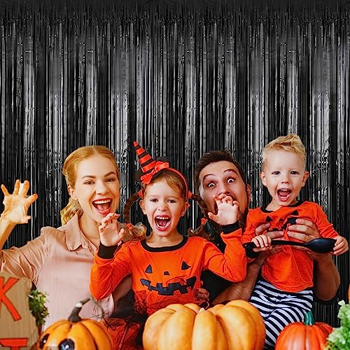 Image of 2 Pack 3.28 ft x 6.56 ft Black Tinsel Curtain Party Backdrop Decorations, Metallic Foil Fringe Backdrop Door for Halloween, Christmas, Birthday Graduation Wedding Party Streamers Photo Backdrop.