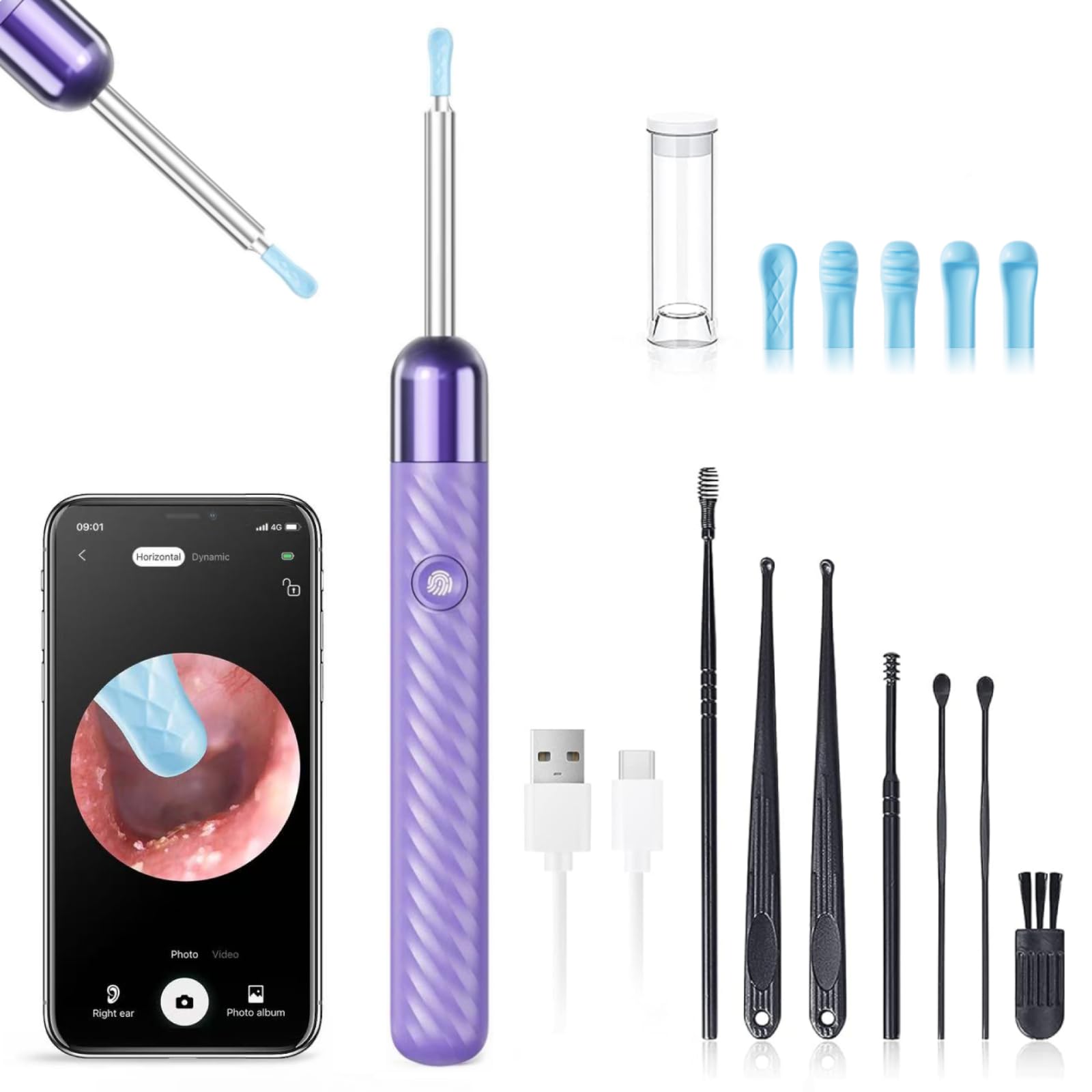 LEIPUT Ear Wax Removal Tool - Ear Cleaner with 1080P Camera - Ear Canal Cleaner - Ear Cleaning Kit with 6 Ear Spoon - Ear Camera for iOS &amp; Android - Birthday Gifts for Women - Purple