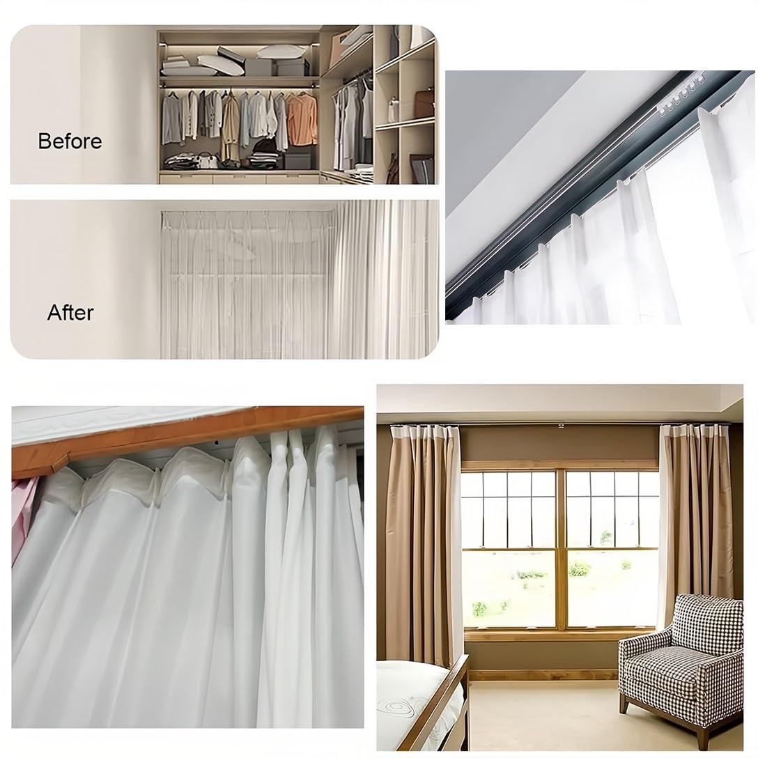 Sistema de riel deslizante de metal de doble fila con rodillos silenciosos para separadores de habitaciones de ventana, dormitorio y sala de estar, 18 pies/550 cm, montaje en techo blanco