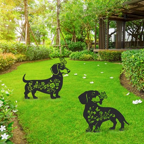 Metall-Gartenstecker mit Schmetterling, Motiv: Dackel, 2 Stück, Hunde-Silhouette, Hofdekoration