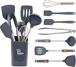 EooCoo Large Silicone Cooking Utensils Set with Holder, Silicone Spatula Heat Resistant Silicone Handle, Kitchen Cookware 446°F Heat-Resistant for Nonstick Non-Scratch Cookware Set, Gray