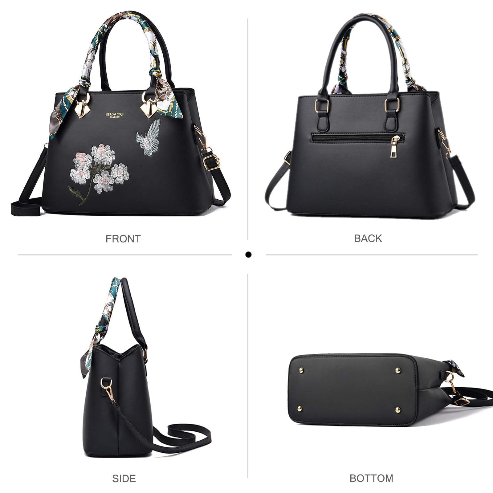 NICOLE & DORIS Sac à Main Femme à la Mode Sac Bandoulière Elégant Sac a Main Porté Epaule PU Cuir Sac D'épaule Impermeable Sac Pochette Avec Fleur Broderie