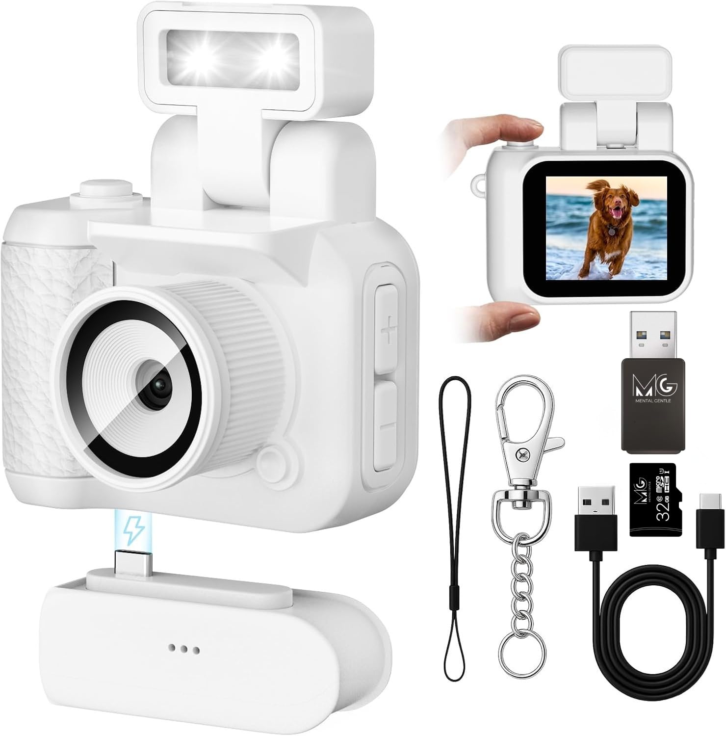 MENTAL GENTLE mini Camera Keychain for HD 1080p Nostalgic Retro Photos, Video Effects vlogging, Real with 1.4 in LCD Screen | 32 gb sd Card Portable Camera for Travel Study Recording (White)