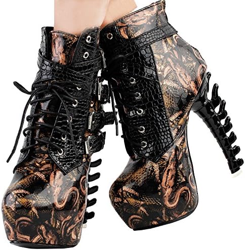 SHOW STORY Black Punk Design High Heels Brown Snake Pattern Women's High-top Bone High Heel Platform Ankle Boots,LF80648BR40,9US,Black | Image 5