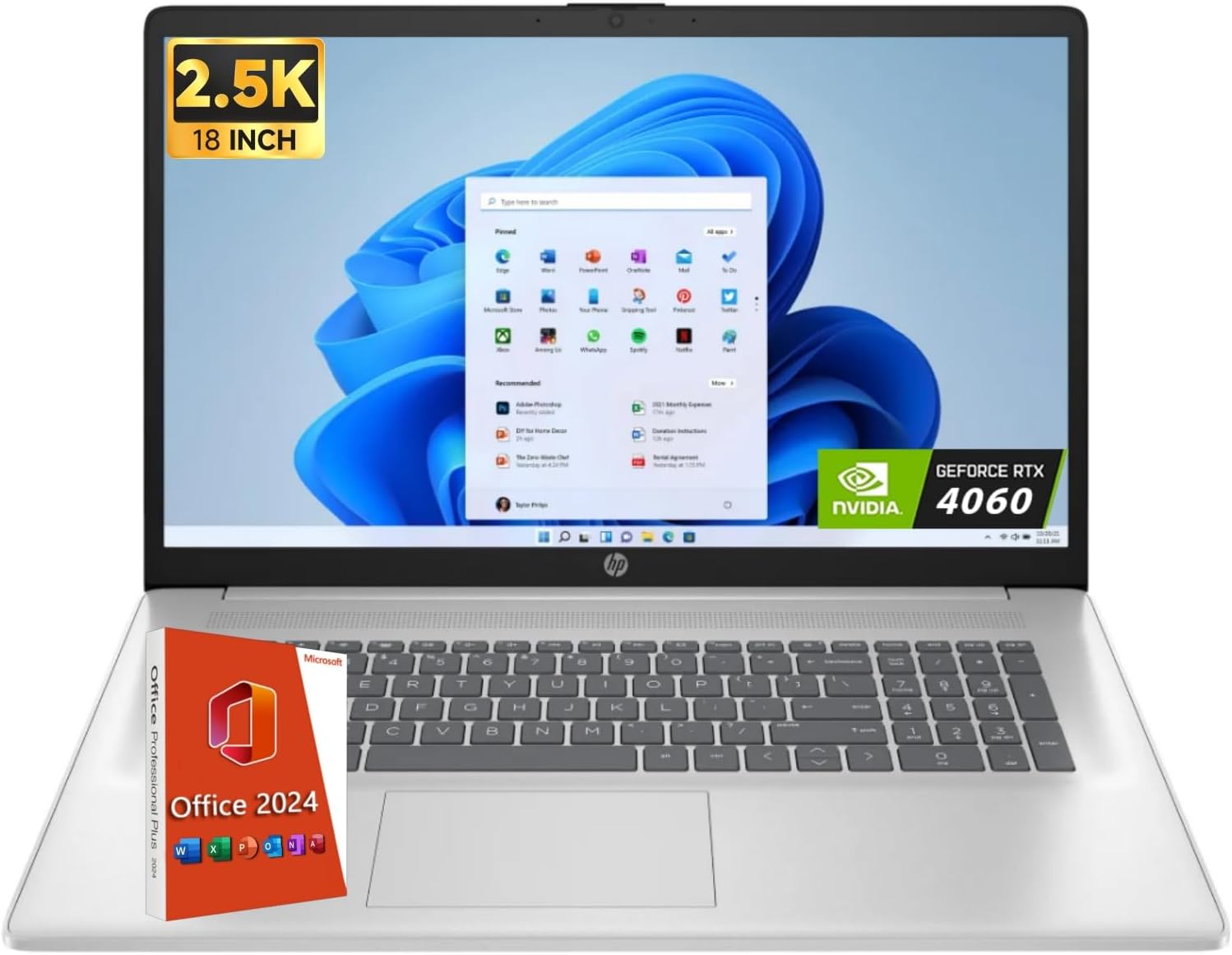 Front view of the HP Laptop 15-fd0127dx, displaying the screen with Windows 11 desktop, keyboard, and touchpad.