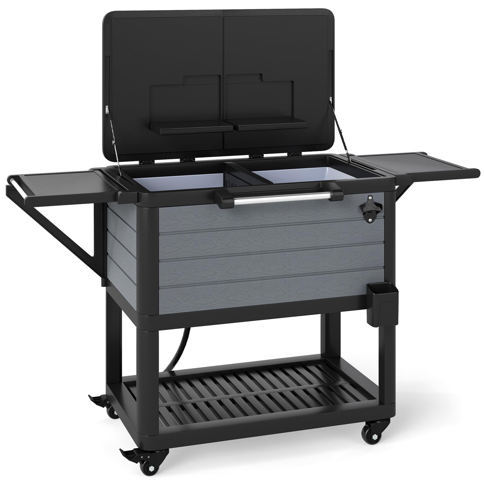 GOPLUS Mesa Nevera Jardin Exterior, 91 L Carrito Nevera Portatil con Ruedas, Estantes de Almacenamiento, Abridor de Botellas, Congelador para Jardín, Camping, Barbacoa, Picnic