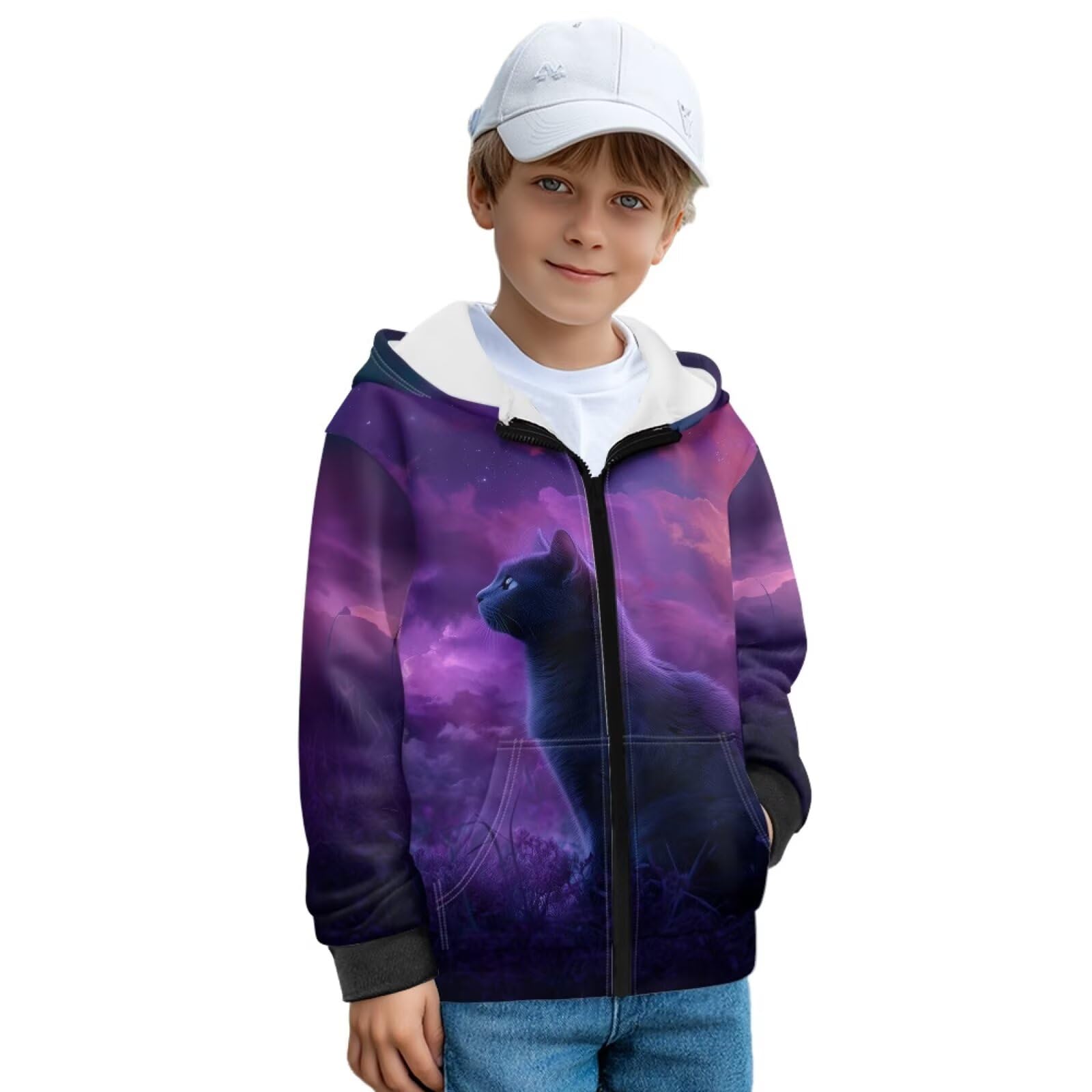 Fioletowy nadruk kota dziecięce bluzy z kapturem z zamkiem błyskawicznym z przodu przytulna bluza kurtka z kieszeniami chłopcy dziewczęta polarowa bluza z kapturem odzież uliczna do szkoły