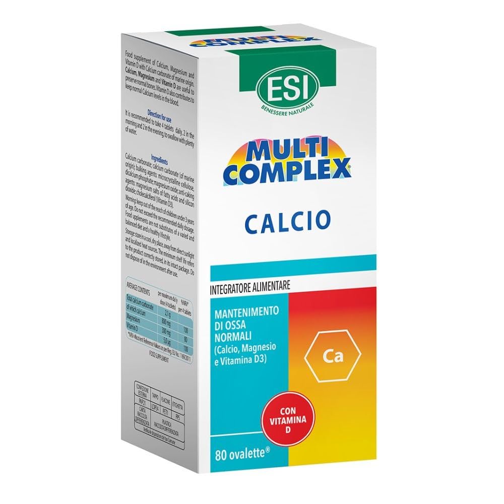 ESI, Multicomplex Calcio, Integratore Alimentare di Calcio per la Salute delle Ossa, di Origine Marina con Magnesio e Vitamina D, Mantenimento di Ossa Normali, Senza Glutine, 80 ovalette