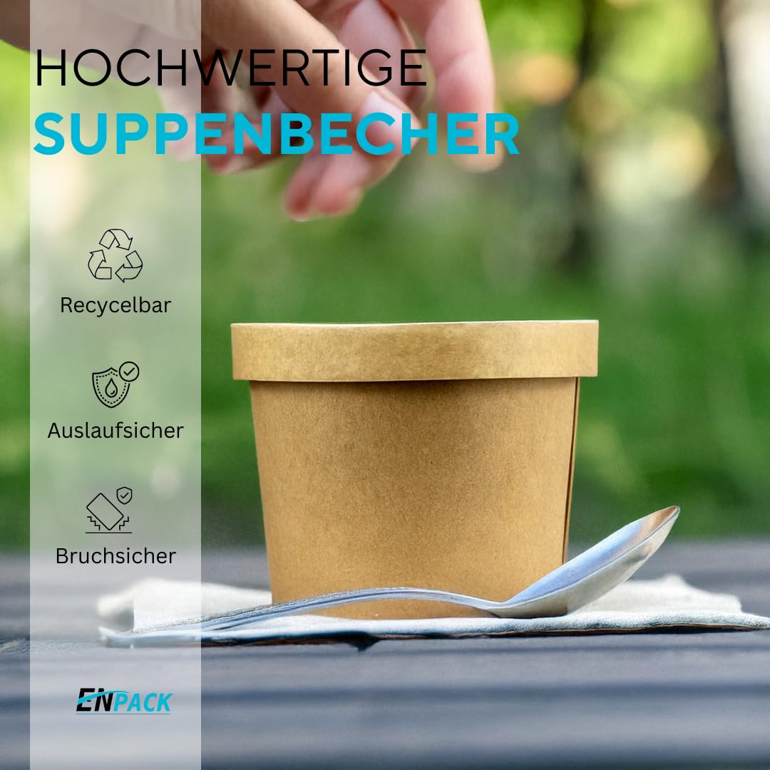 Enpack Suppenbecher Braun 12oz/350ml - Auslaufsichere Schüssel mit Deckel für den Gastronomie & Privat Bereich, Einweg Suppenschalen aus Kraftpapier, Formaler Stil, Nachhaltige Pappschale (300)
