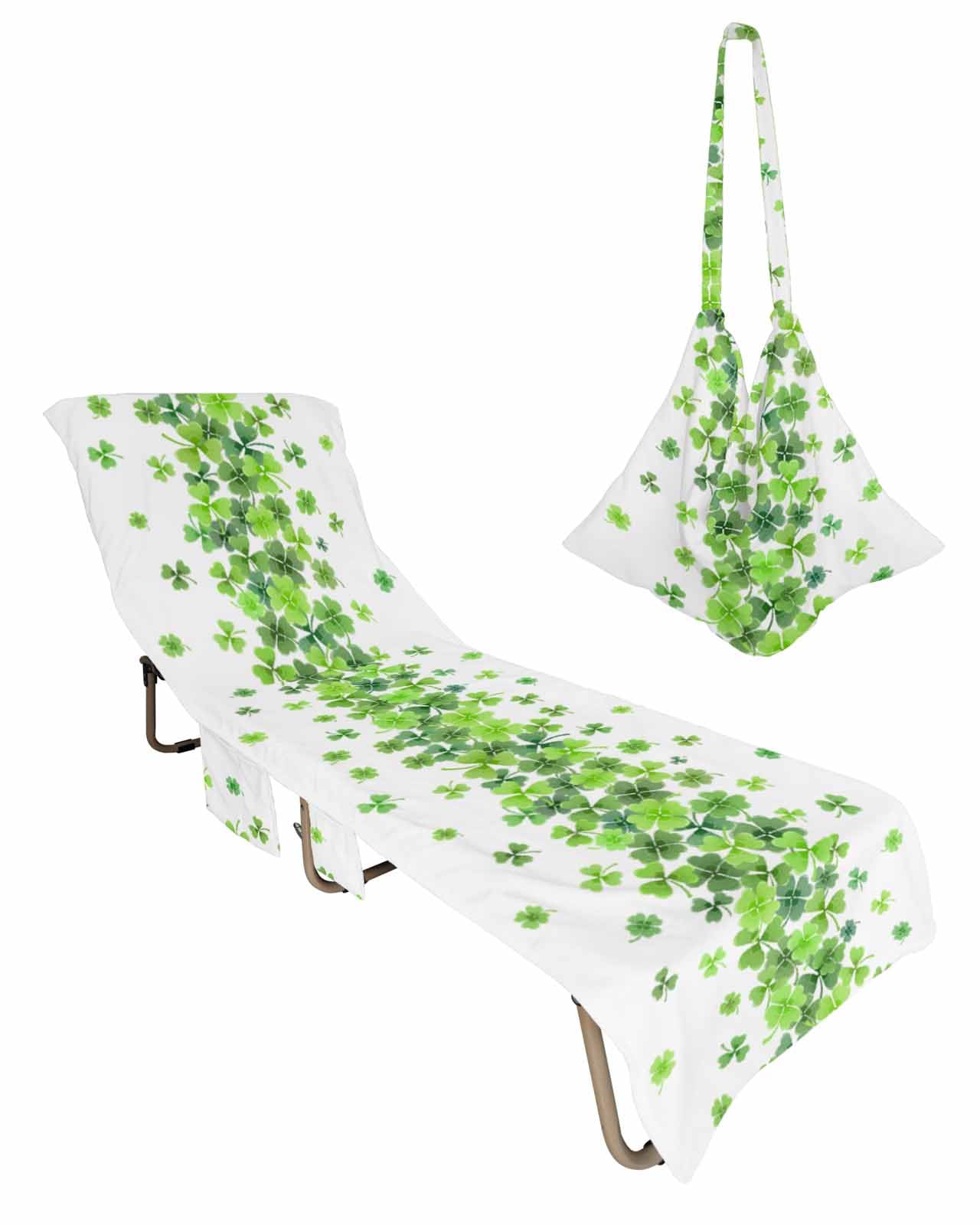 Modern White Beach Chair Towel Covers for Chaise Lounge With Side Pocket, Soft Plush Pool Towels Cover for Patio Sunbathing Outdoor 29''x85'' St. Patrick's Day Green Botanical Leaves
