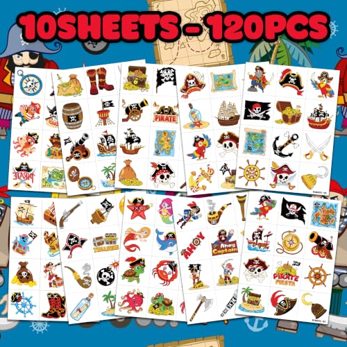 Image of 120 PCS Pre-Cut Pirate Ship Temporary Tattoos for Kids Party Favors | Nautical Theme Birthday Supplies, Decorations & Rewards, Fake Tattoo Stickers for Boys & Girls