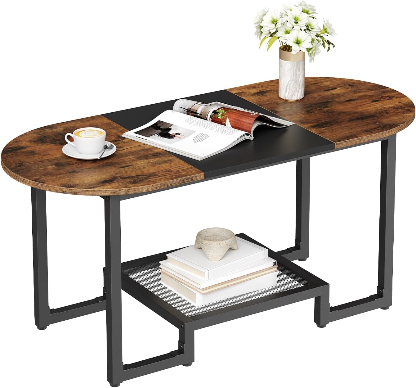 HOOBRO Coffee Table, Oval Small Coffee Table with 2-Tier Storage Shelf, Narrow Modern Center Table for Small Spaces, Living Room, Bedroom, Office, Rustic Brown and Black BFK12KF01