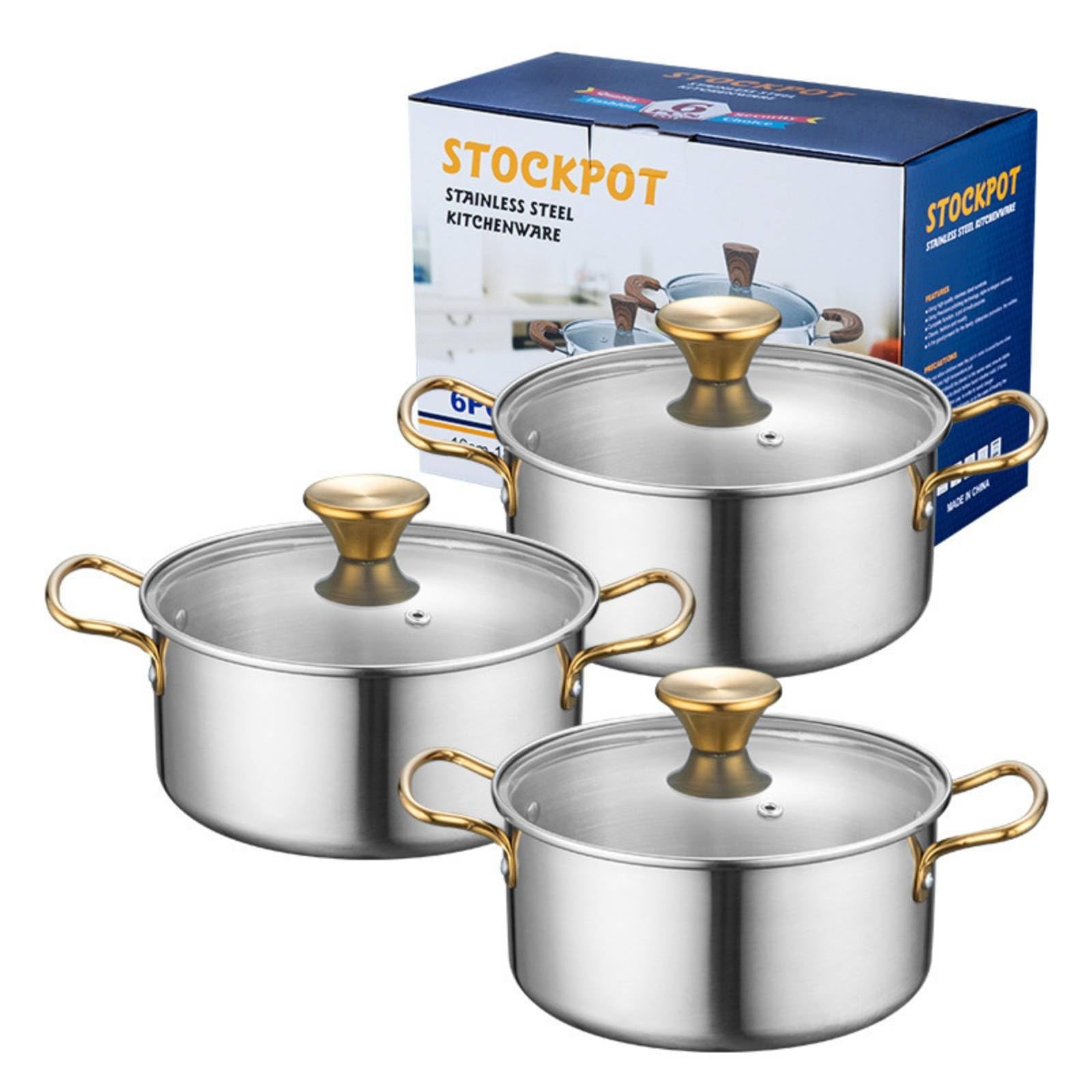 Set Casseroles avec Couvercles tous Fe Équipement Culinaire Cuisine Multi-Usage Marmite En Acier Inoxydable pour Familles, Étudiants, Poignée Dorée, 16-18-20CM