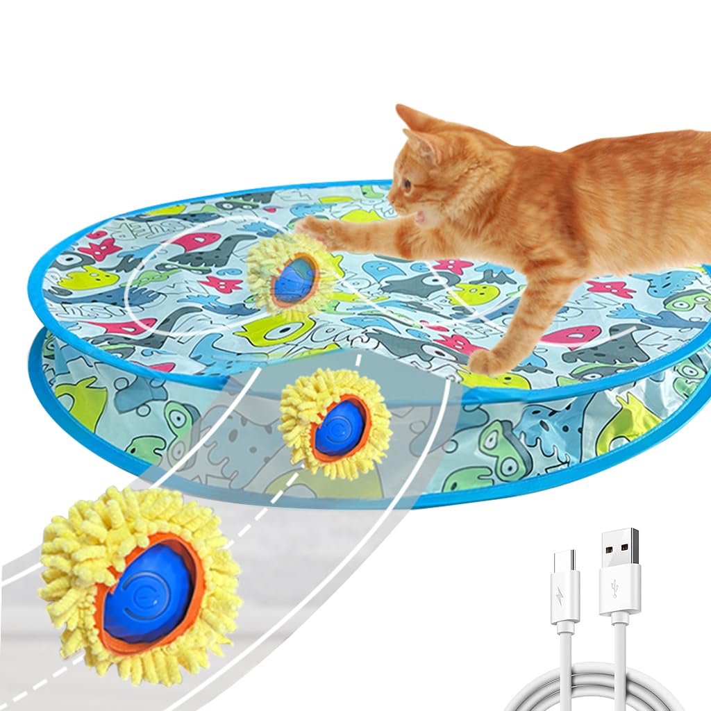 Qpets Cat Ball Toy, Interactive Cat Chasing Toy Ball with 27.5 Inch Folding Game Tent, Promotes Active Play & Exercise for Cats & Small Dogs - Blue, Round