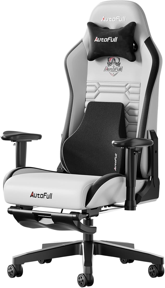 AutoFull C3 Gaming Chair PC Chair with Ergonomics Lumbar Support, Racing Style PU Leather High Back Adjustable Swivel Task Chair with Footrest ,Grey