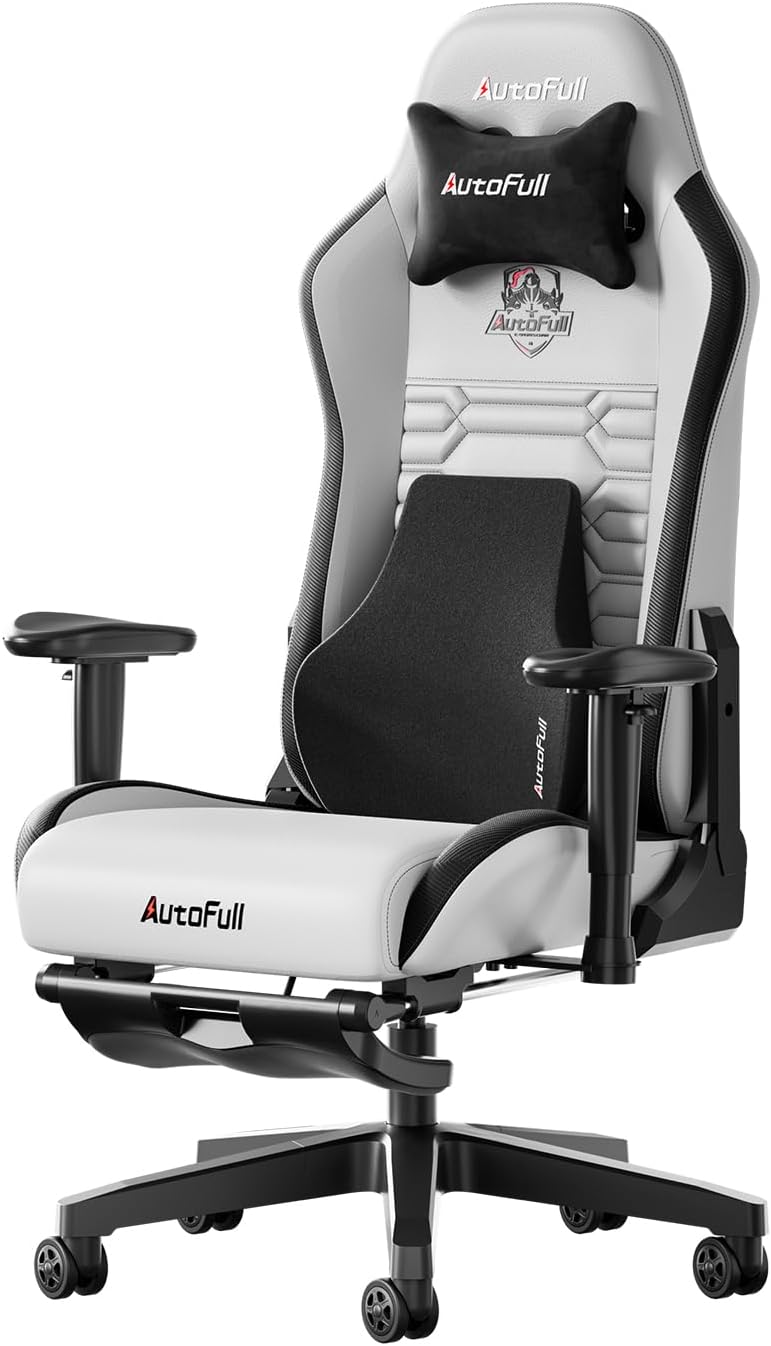 AutoFull Gaming Chair Ergonomic Gamer Chair with 3D Bionic Lumbar Support Racing Style PU Leather Computer Gaming Chair for Adults with Footrest,Grey