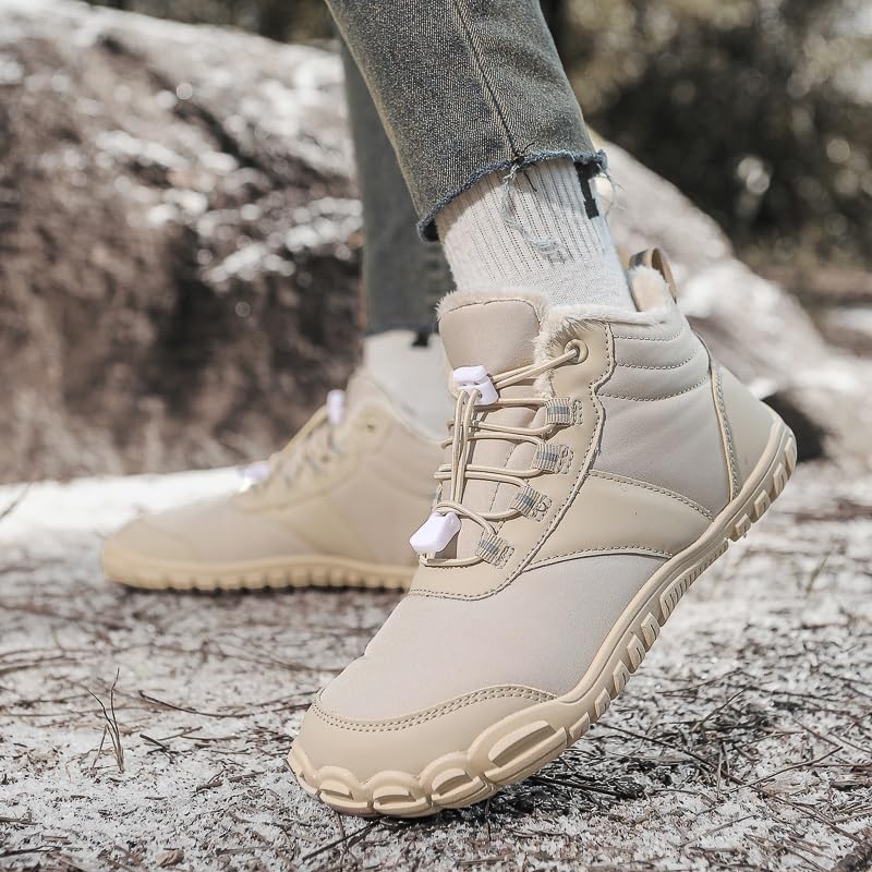 Hike Winter Barefoot Shoes Women Men Outdoor Wide Toe Box Minimalist Non-slip & Waterproof Five Finger Sneakers Slip On Warm Snow Boot Hiking Walking Barefoot Boots(Khaki,7-7.5 MEN/9-9.5 WOMEN)2