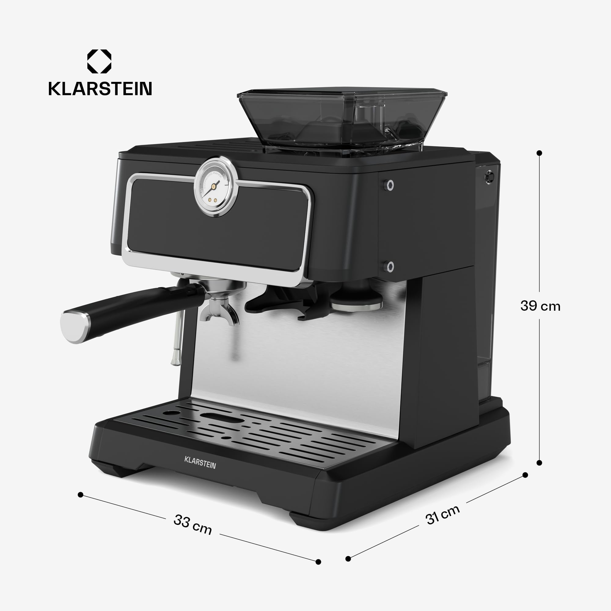 Klarstein GrandPresso Touch Cafetera Exprés 20 Bares - Pantalla Táctil, Molinillo Integrado, 2,3L, Boquilla de Vapor, Acero Inoxidable, Negra, Cafetera Espresso