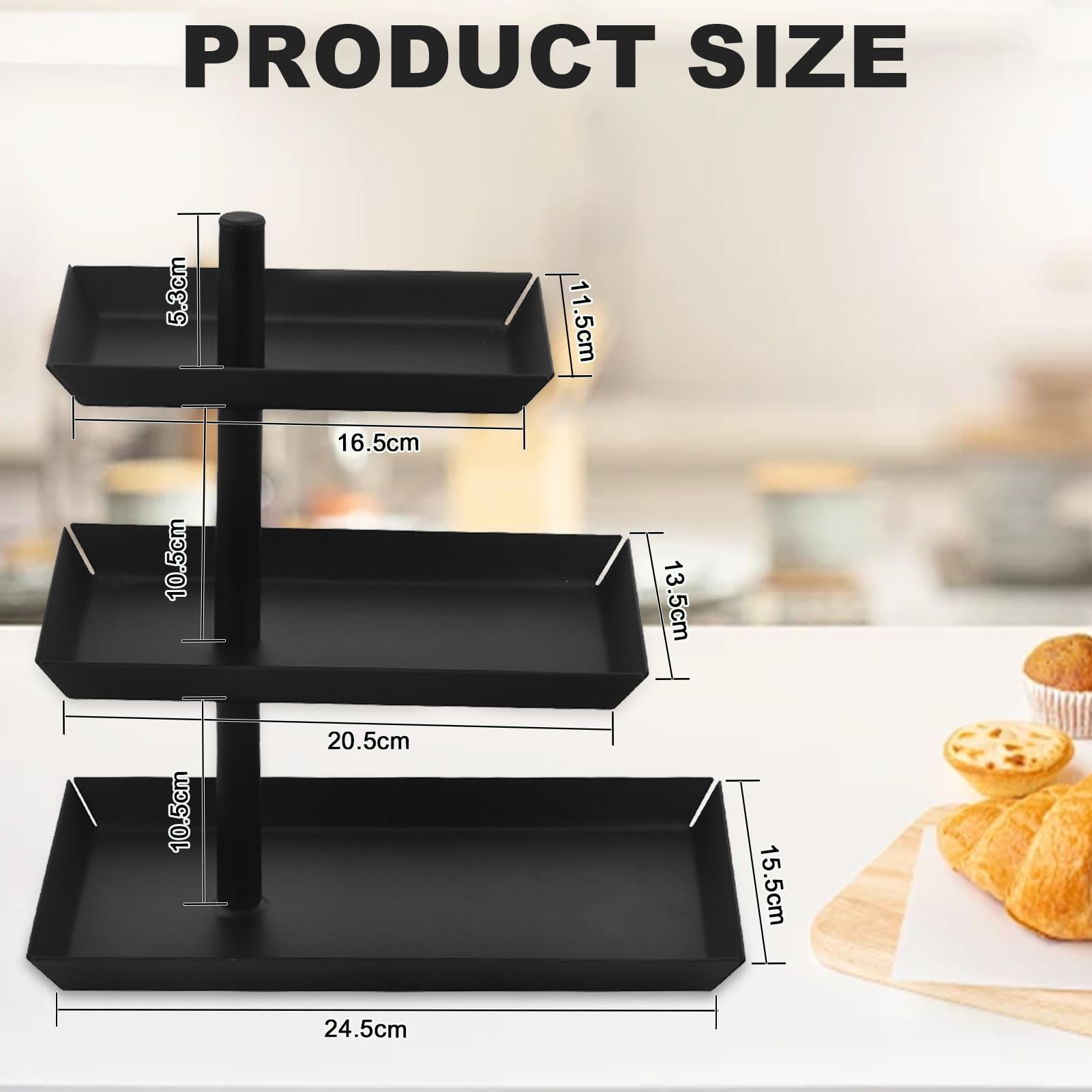 Fruitmand zwart 3 etages - 360° draaibare praktische fruitmand van metaal, moderne fruitschaal voor dessert, cake, gebak, koekjes en fruit