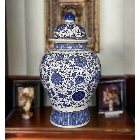 24" Classic Blue and White Floral Porcelain Ceramic Temple Ginger Jar Vase, Large China Qing Style Cover