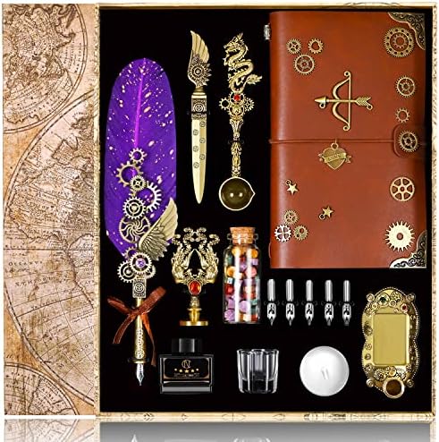 NC Quill Pen Ink Set, Includes Quill Pen, Notebook,5 Replaceable Nibs, Ink, Pen Holder, Cup, Stamp, Spoon, Wax Beads, White Wax,Envelopes and Letter Paper Etc.Beautiful Gift Calligraphy Set.(Purple)
