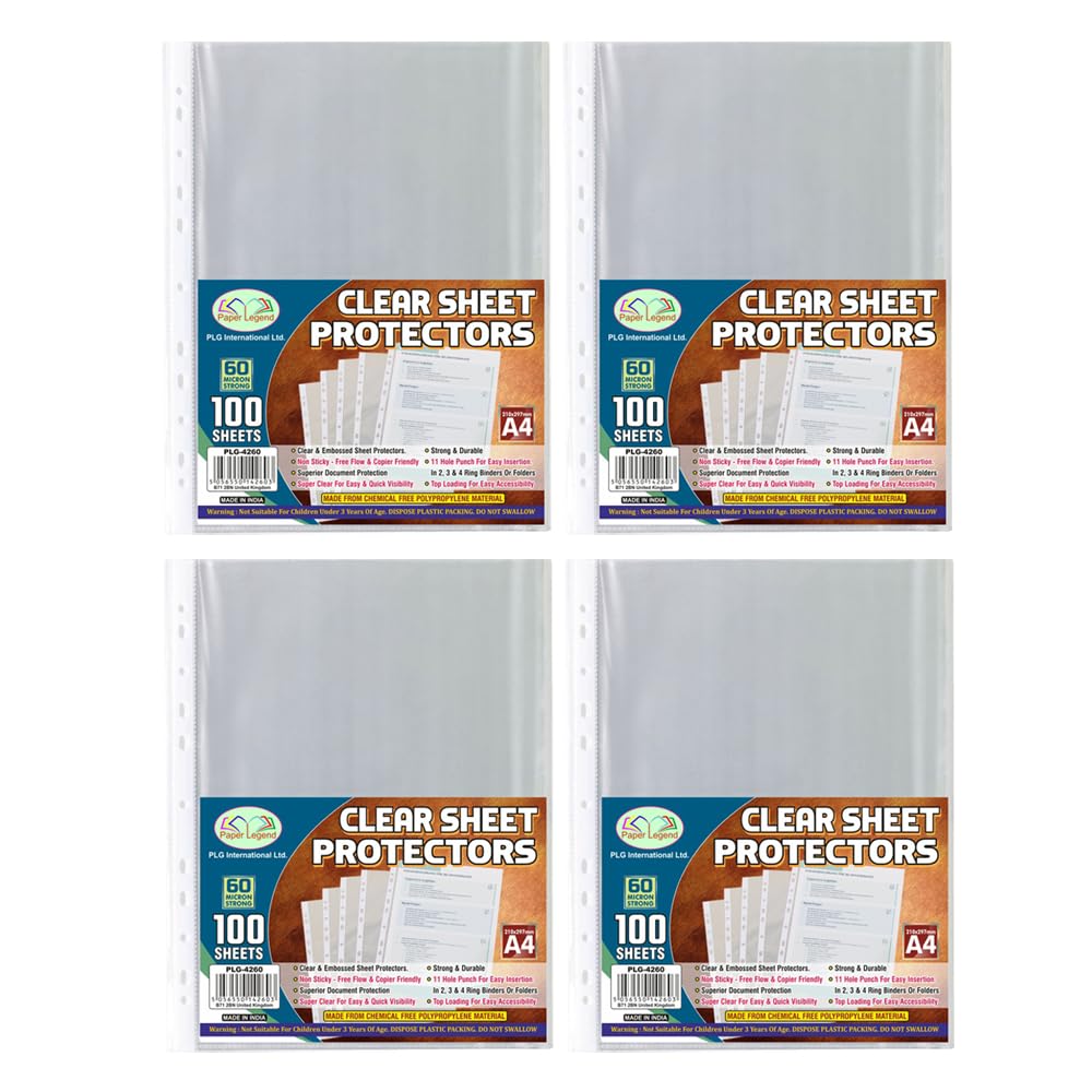 A4 Clear Plastic Punched Pockets Pack of 400 Sheets - Glass Polly Pockets Filing Folders Wallets Sleeves with Punched Reinforced Spine - for Home Office and School Document Files (60 Microns)
