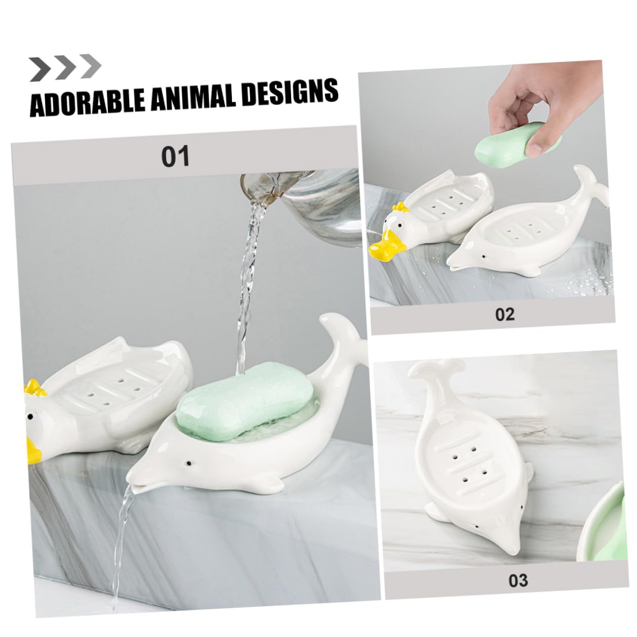 Seifenschale mit Wasserablauf aus Keramik in Delfinform 2 Stück und Geschenkidee und Schwammhalter für Badezimmer Dekoration