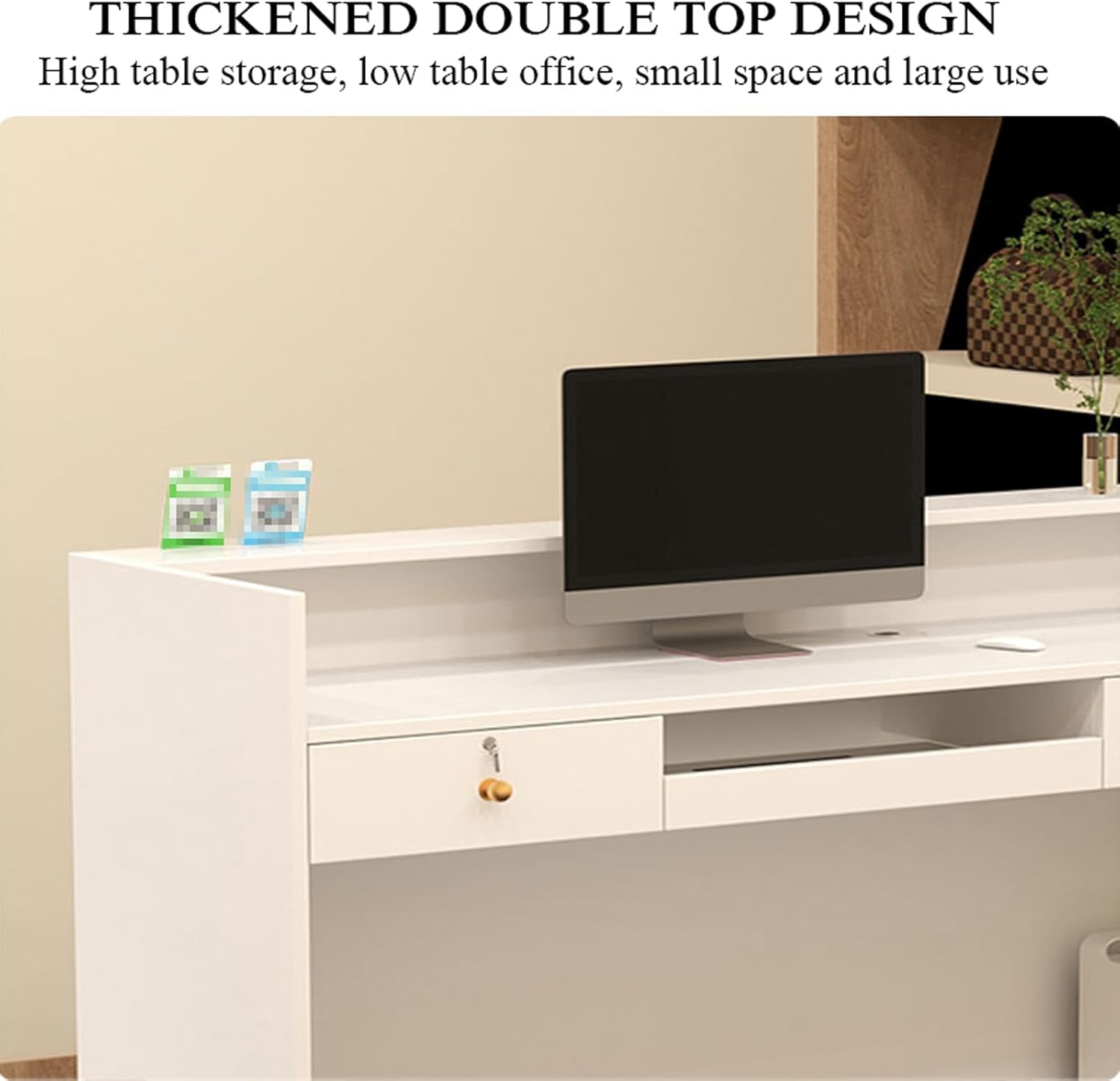 Small Reception Desk, Checkout Counter with Led Lights and Lockable Drawer, Retail Counter Reception, Front Desk Reception Room Table for Checkout Office, Beauty Salon, Lobby