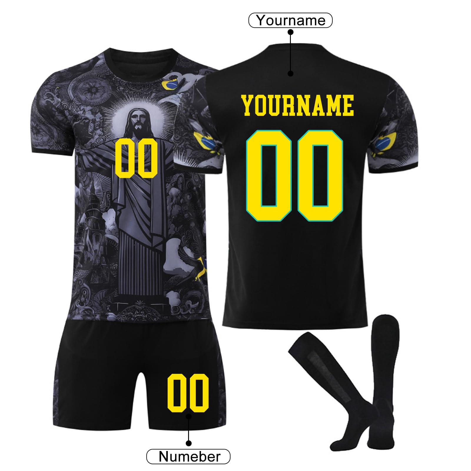 Maillots de football personnalisés Jesus Brazil, maillots pour hommes et enfants, tenues de sport avec noms et numéros personnalisables - 3