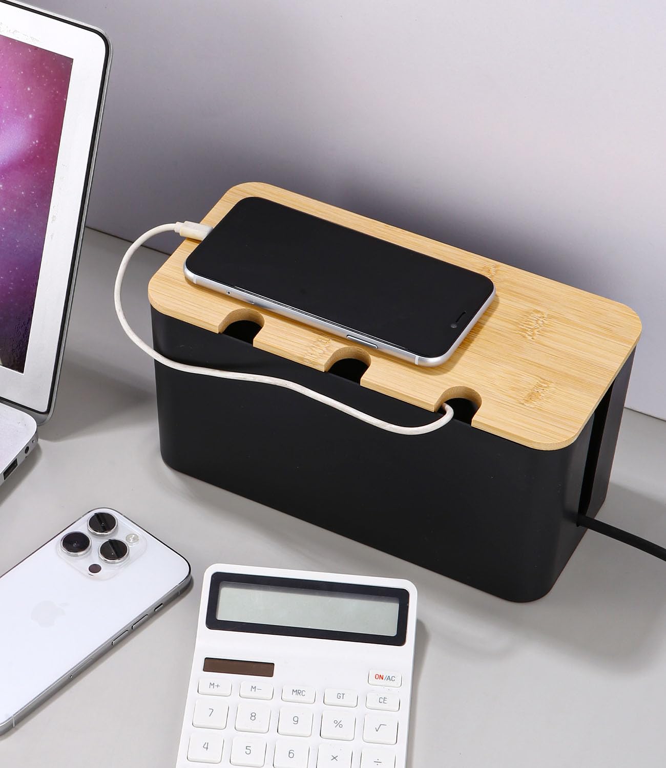 Azyvum 3 Piezas Caja Organizadora Cables con Tapa de Bambú,Caja Cables Organizador para Cables,Guarda Oculta y Recoge Regletas,Mesa y Escritorio, Kabelmanagementbox,kabelbox
