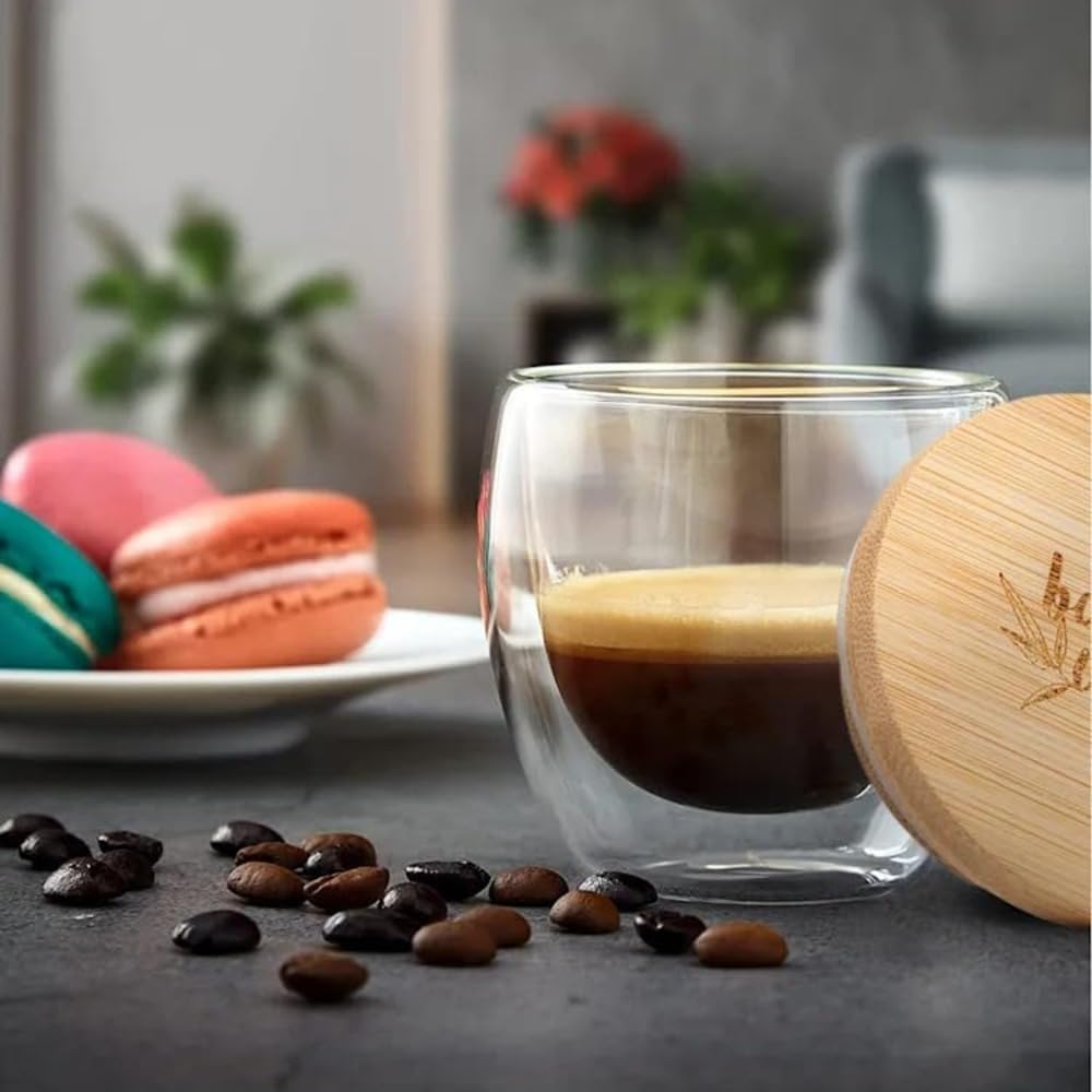 Krival Double Walled Glass Coffee Cups with Wooden Lids | Insulated Travel Coffee Mugs Clear Coffee Tumblers for Hot and Cold Beverages as Coffee, Iced-Coffee, Tea and Iced-Tea (250 ML, 3, Count) (B0DG882D5S) Amazon Price History, Amazon Price Tracker
