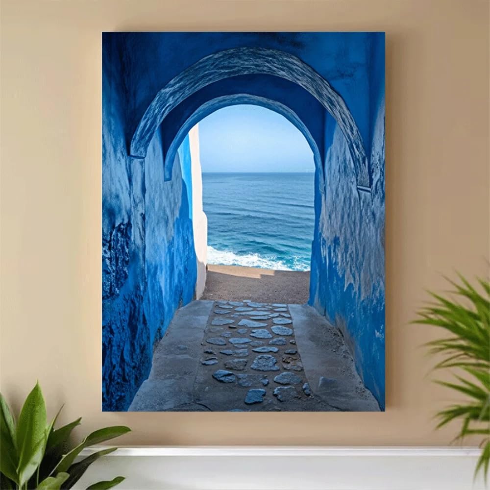 LTjiajuypd Canvas Prints Poster Blue Archway Coastal View Mediterranean Sea Pathway Art Summer Home Decor(70x110cm/Frameless)