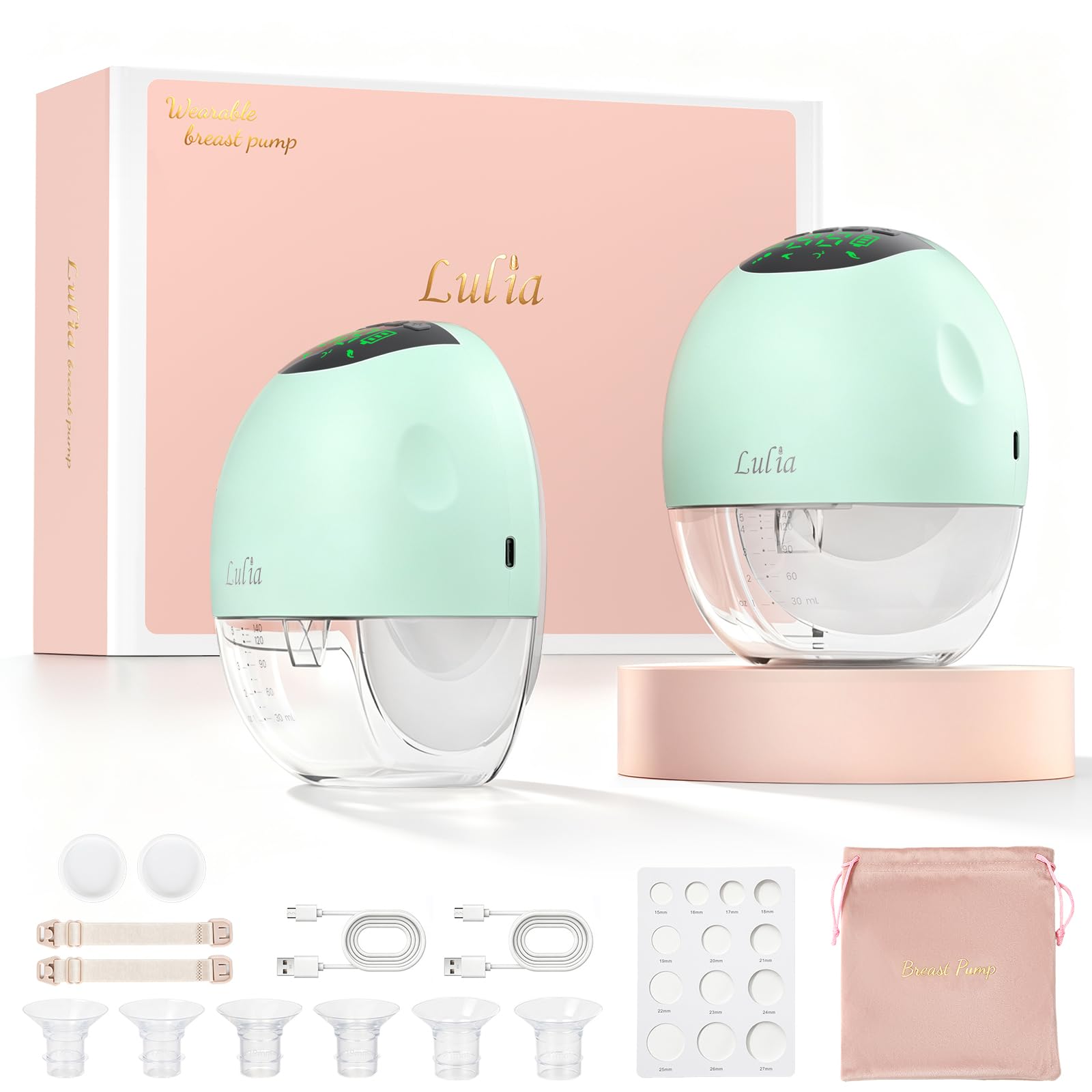 Lulia Electric Breast Pump, Wearable Breast Pump with 4 Modes and 9 Levels, Portable Breast Pump with Strong Suction, 2 Pack, Green