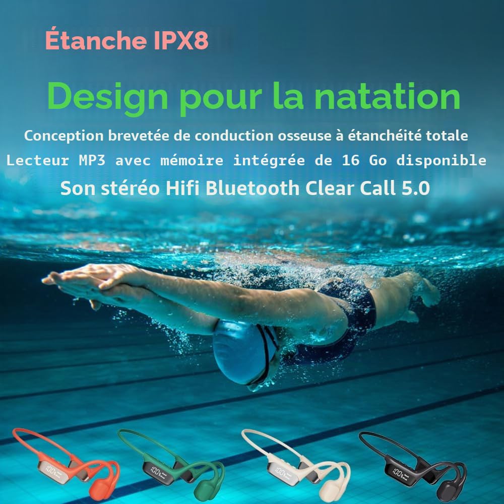S10 Casque de natation à conduction osseuse avec lecteur MP3 intégré 32 Go de mémoire IP68 étanche Bluetooth avec écran LED pour la conduite, le vélo, la course à pied, le ski Rouge