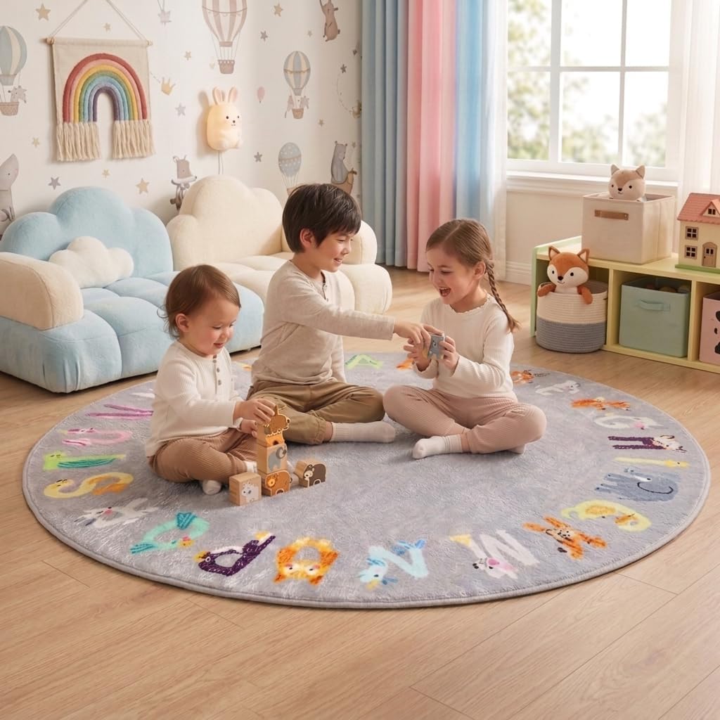 Round ABC Animal Kids Rug,5.2ft Colorful Non-Slip Educational Rug for Kids
