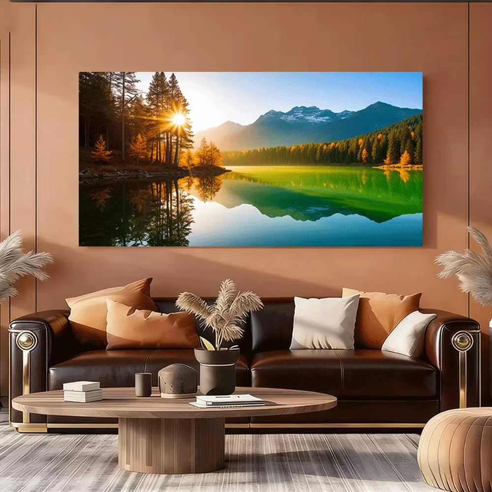 Ihhgnb No Frame 1Pc Frameless Canvas Painting Poster Sunrise Mountain Lake Forest Reflection Nature Landscape Wall Art Prints Pictures(75X150cm(30X59in)/No Frame)