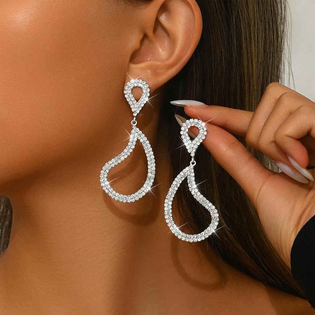 Silver Rhinestone Teardrop Dangle Earrings for Women Sparkly Long Geometric Drop Earrings Zircon Waterdrop Dangling Earring Jewelry Accessories - Image 2