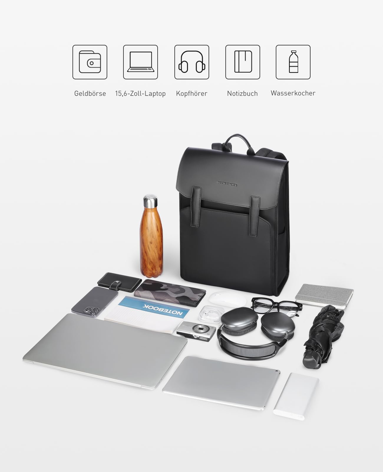 MARK RYDEN Leicht 15,6 Zoll Laptop Rucksack Herren, Water-Resistant Leder Business Rucksack, Multifunktional Hightech-Magnetverschlus Rucksack, Geeignet für Pendeln, Tägliches College, Geschäftsreisen