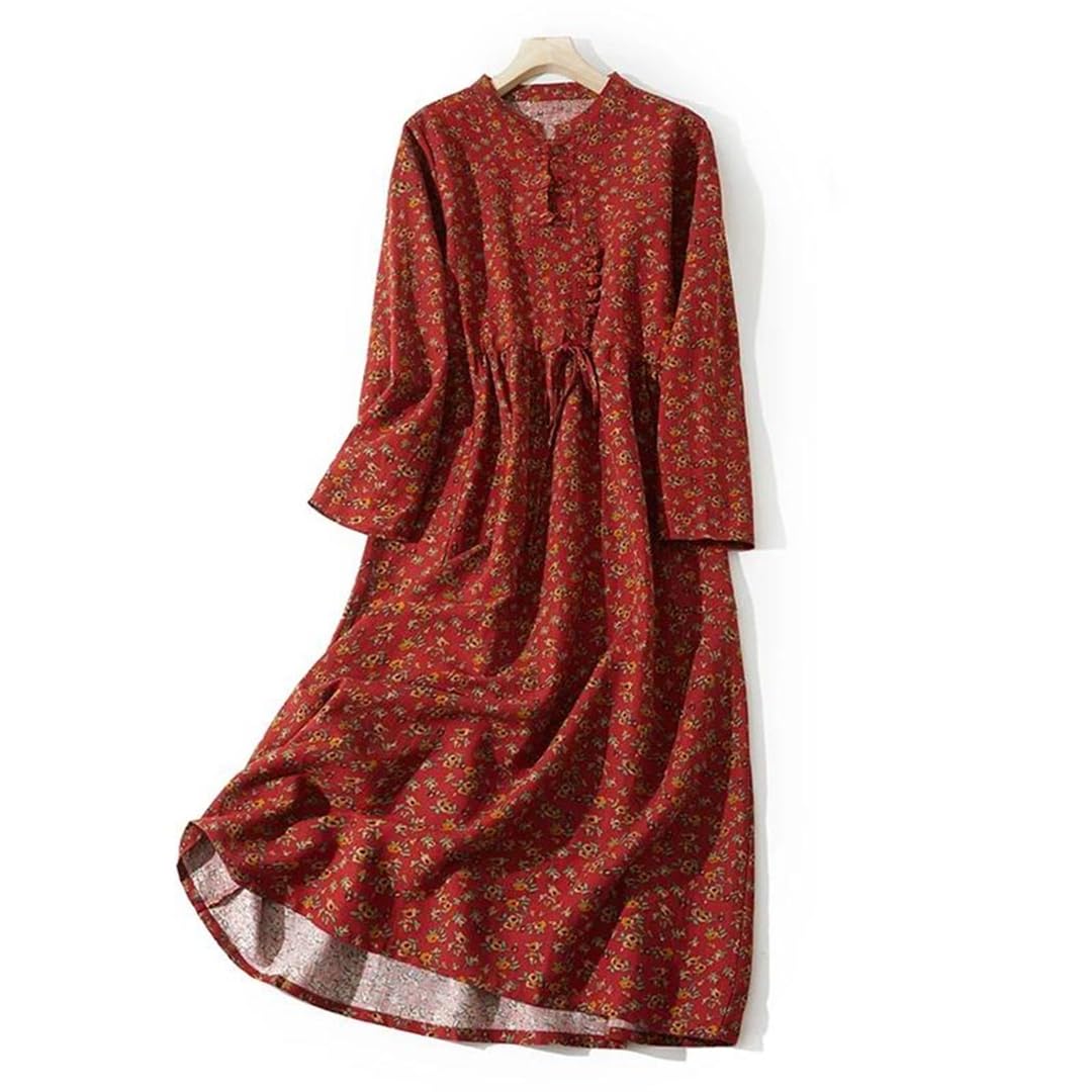 Vestido de algodón y lino con estampado floral para mujer, manga larga, cuello alto, casual, vestido midi, 666, XXL