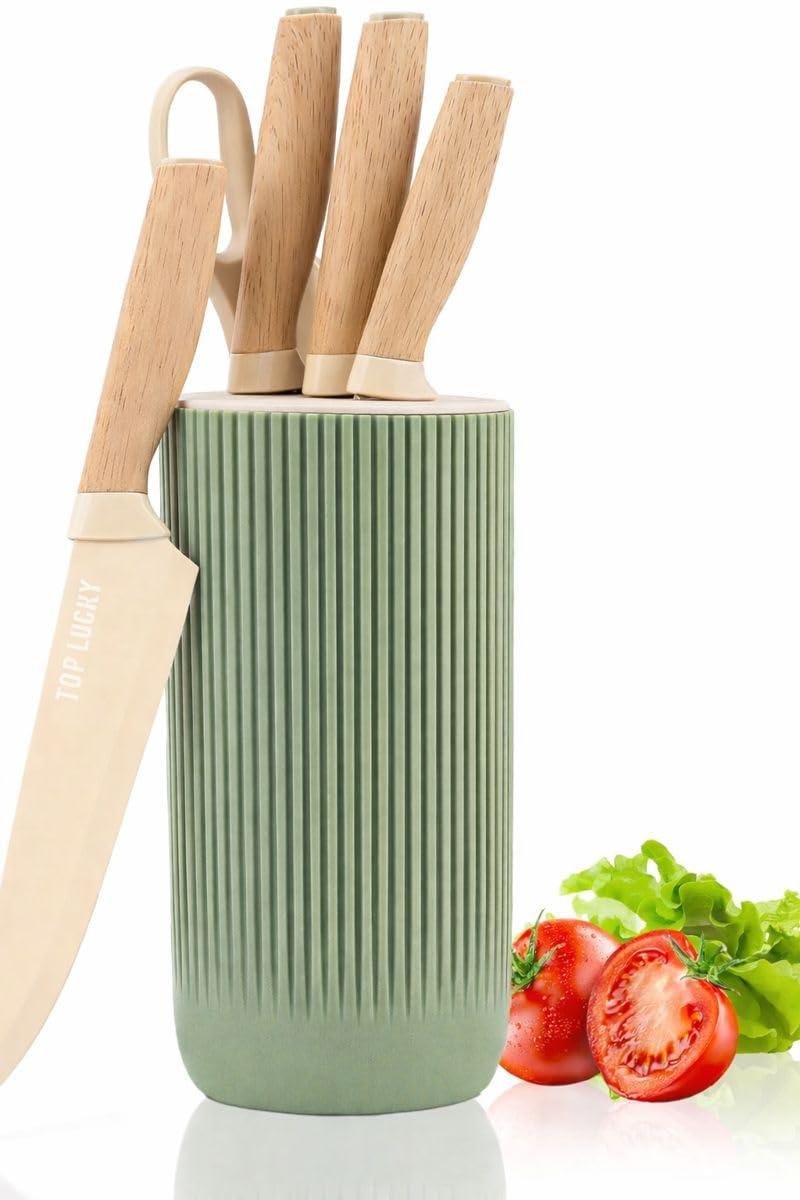 Knife Set, 6-Piece Khaki Kitchen Knife Set for Home, Anti-Rust Non-Stick Stainless Steel Sharp Chef Knife Sets with Universal Knife Block for Kitchen, Ergonomical Design (Green)